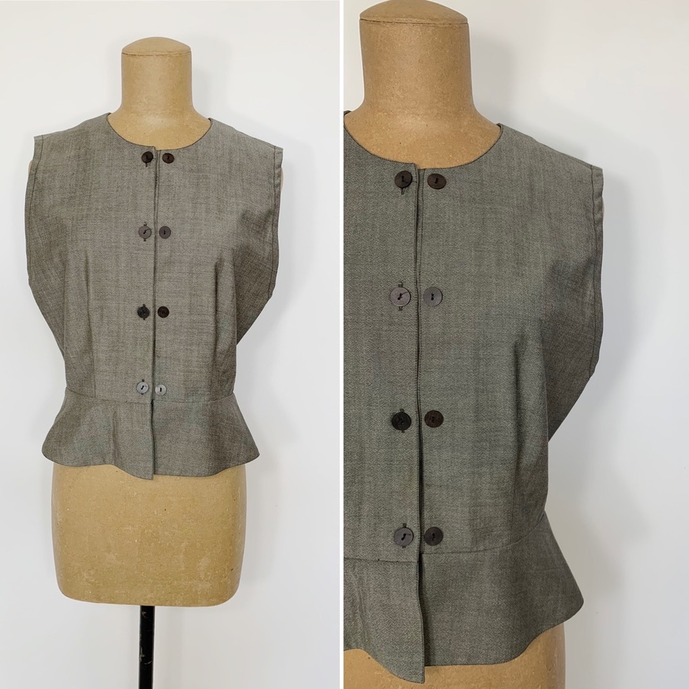 Vintage Michel Klein Office Career Gray Wool Sleeveless Button Up Vest Top